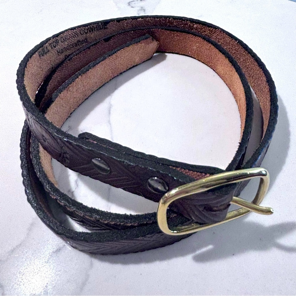 BELT Tooled Leather Gold Toned Buckle Handcrafted in Canada Dark Brown.
